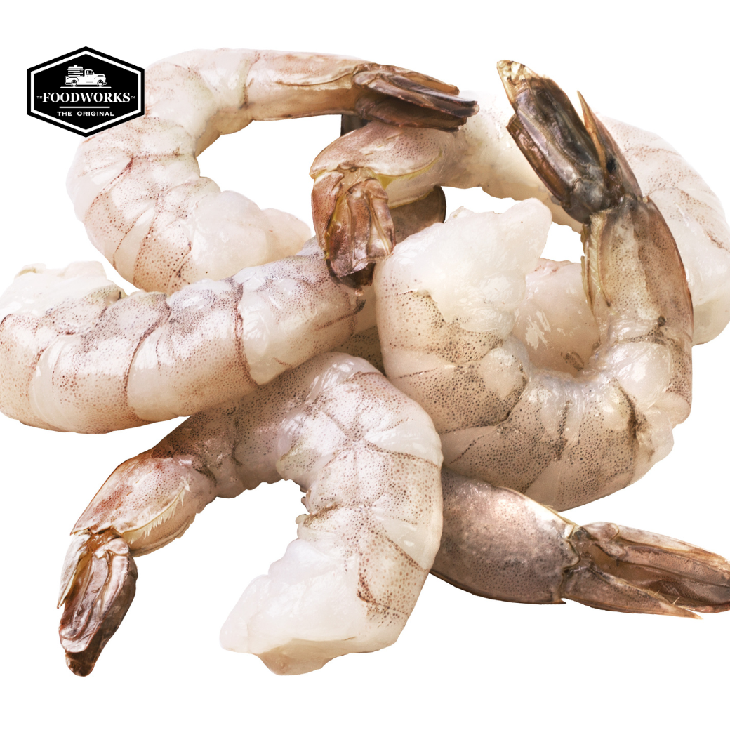 Premium Frozen Peeled & Deveined Tail-On White Shrimp  กุ้งขาวปอกเปลือกผ่าหลังไว้หาง เกรดพรีเมียม (26/30 pcs/lb) - The Foodworks 